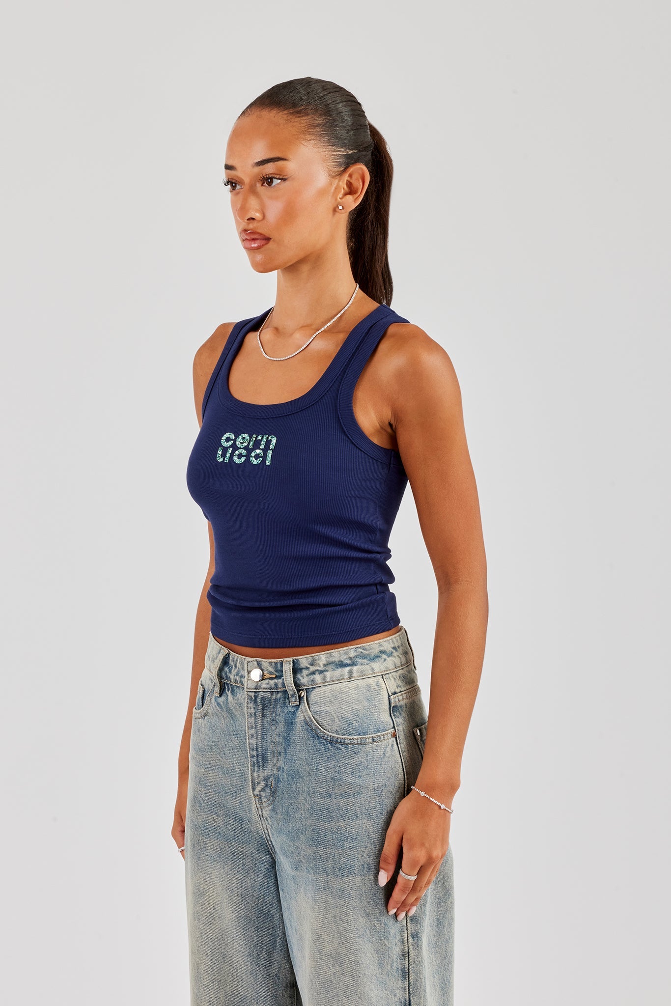 Glitter Applique Scoop Neck Rib Vest - Navy Blue