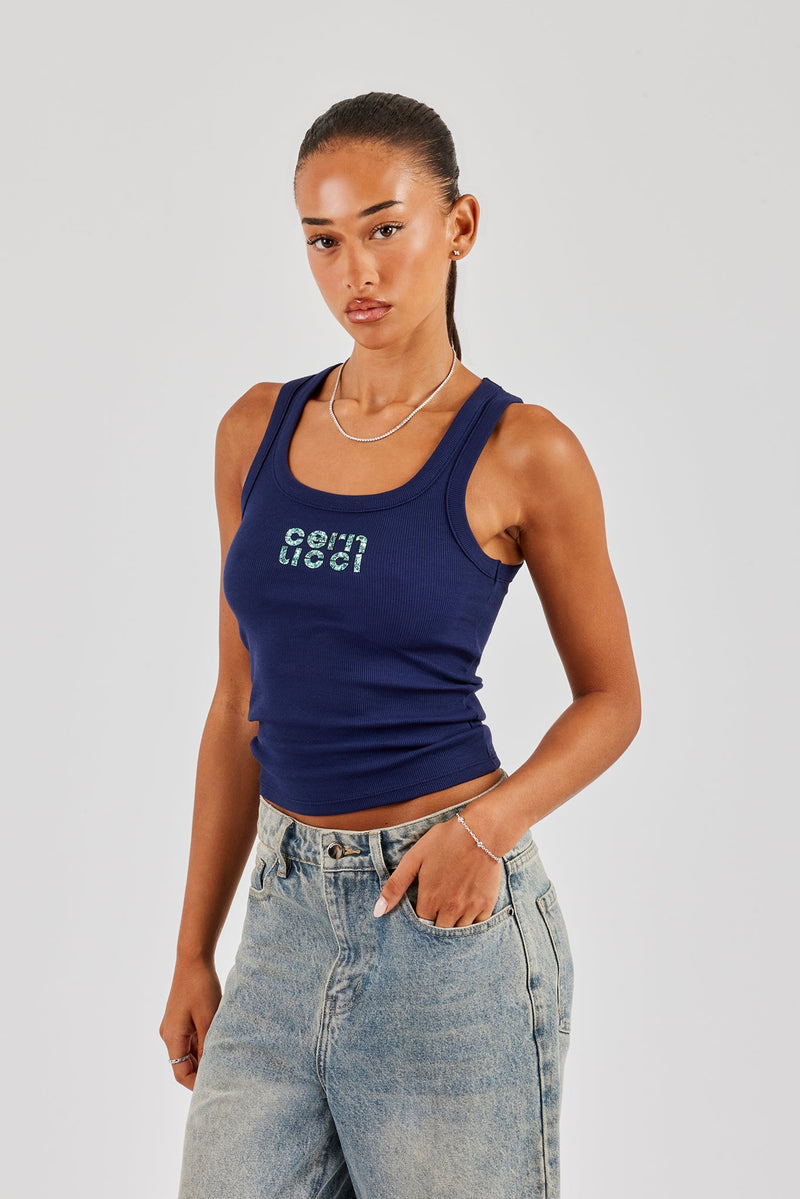 Glitter Applique Scoop Neck Rib Vest - Navy Blue