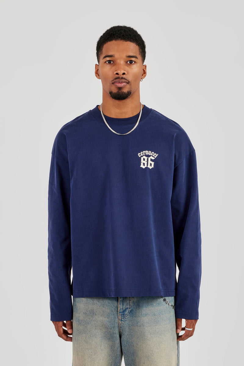 Long Sleeve 86 Back Print T-Shirt - Navy Blue