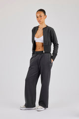 Fitted Rib Zip Through Sweat & Wide Leg Jogger - Charcoal