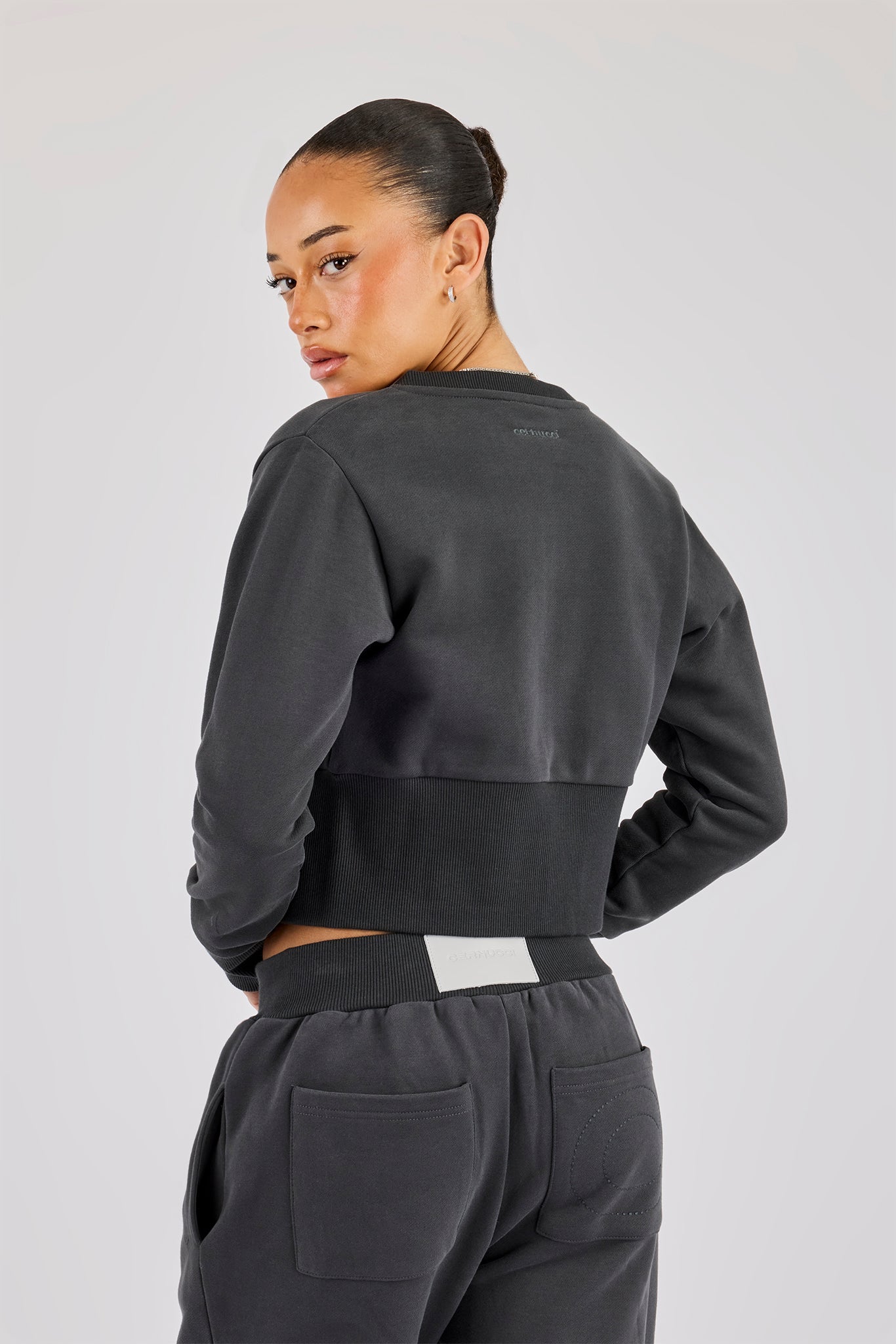 Fitted Rib Zip Through Sweat & Wide Leg Jogger - Charcoal