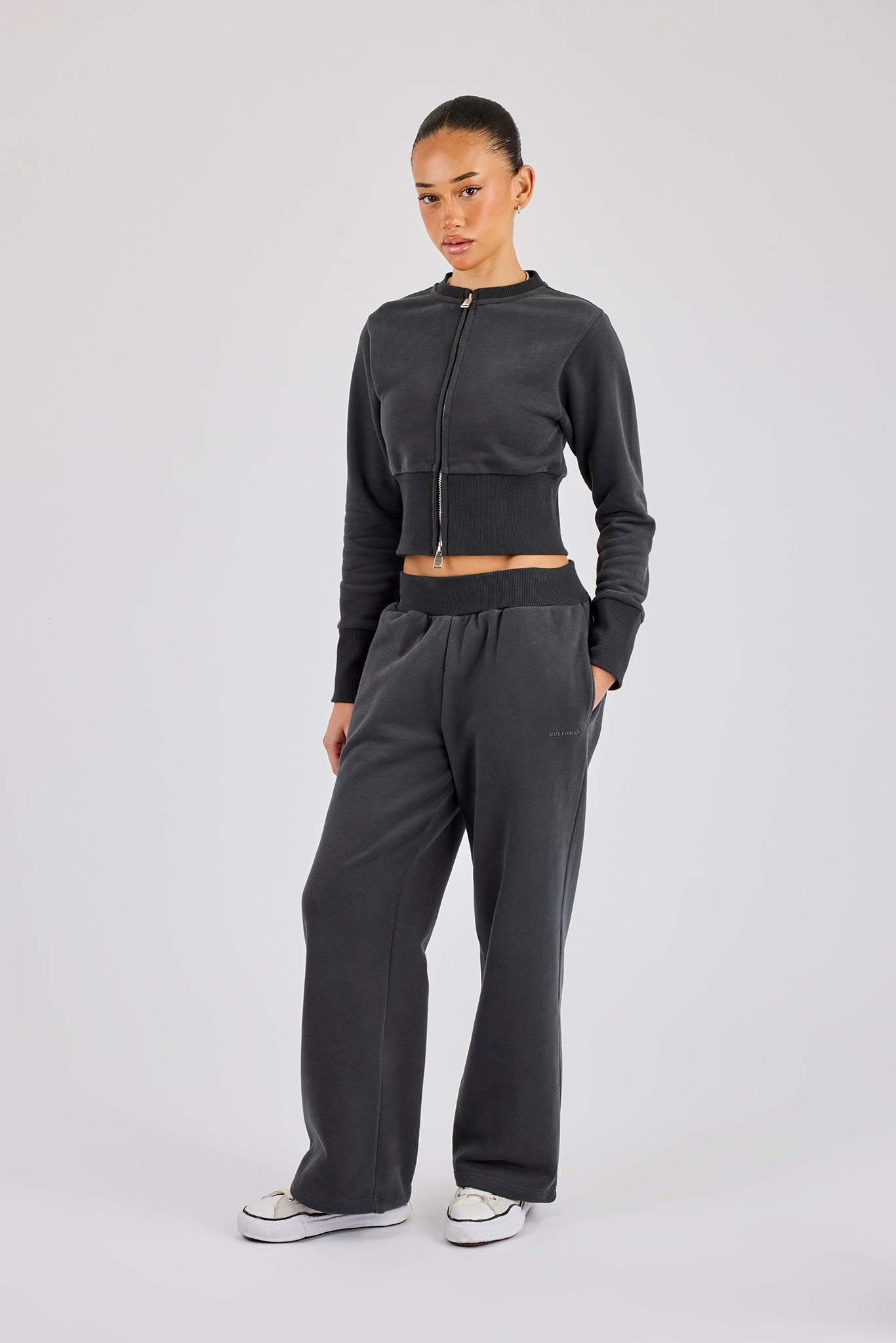Fitted Rib Wide Leg Jogger - Charcoal