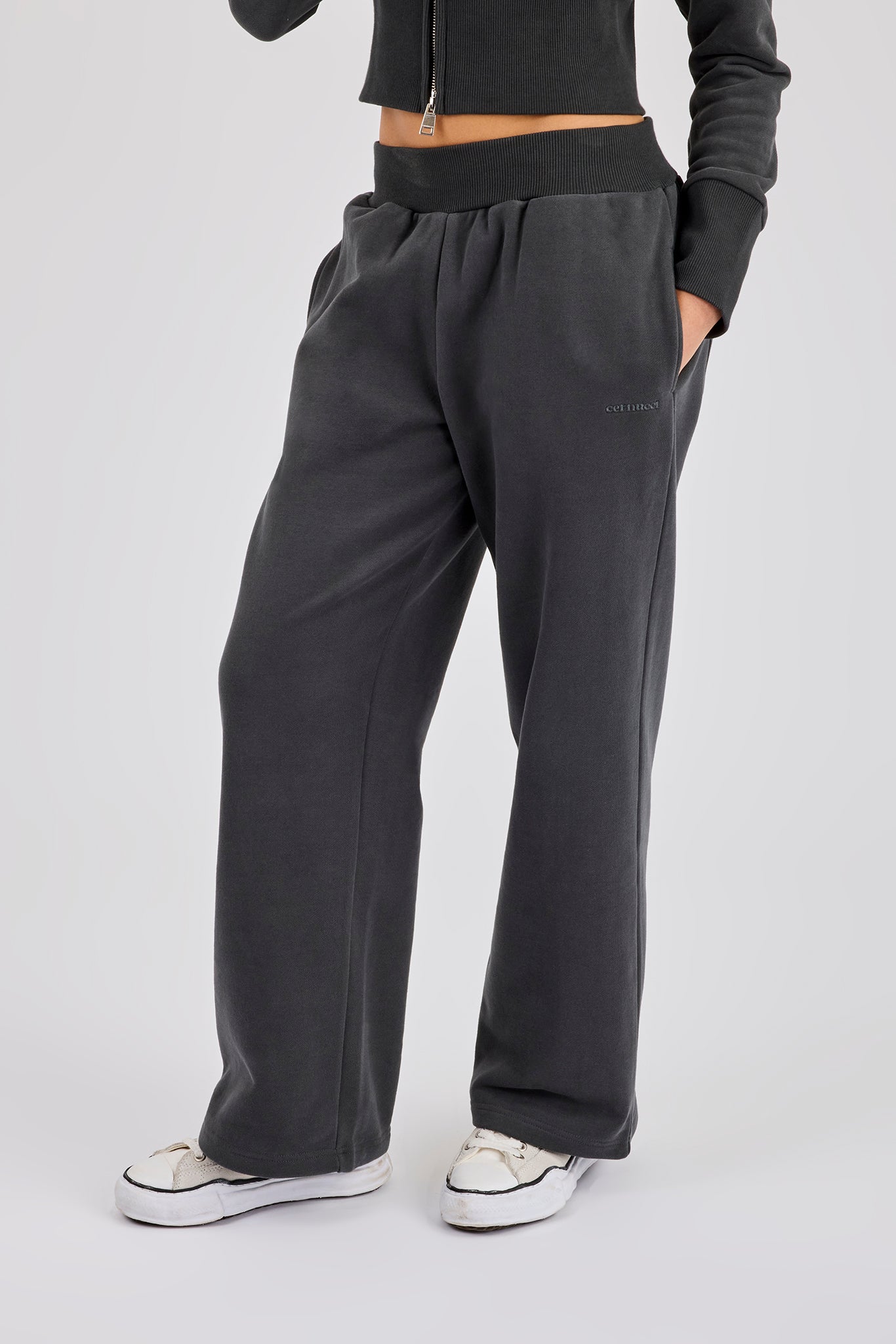 Fitted Rib Wide Leg Jogger - Charcoal