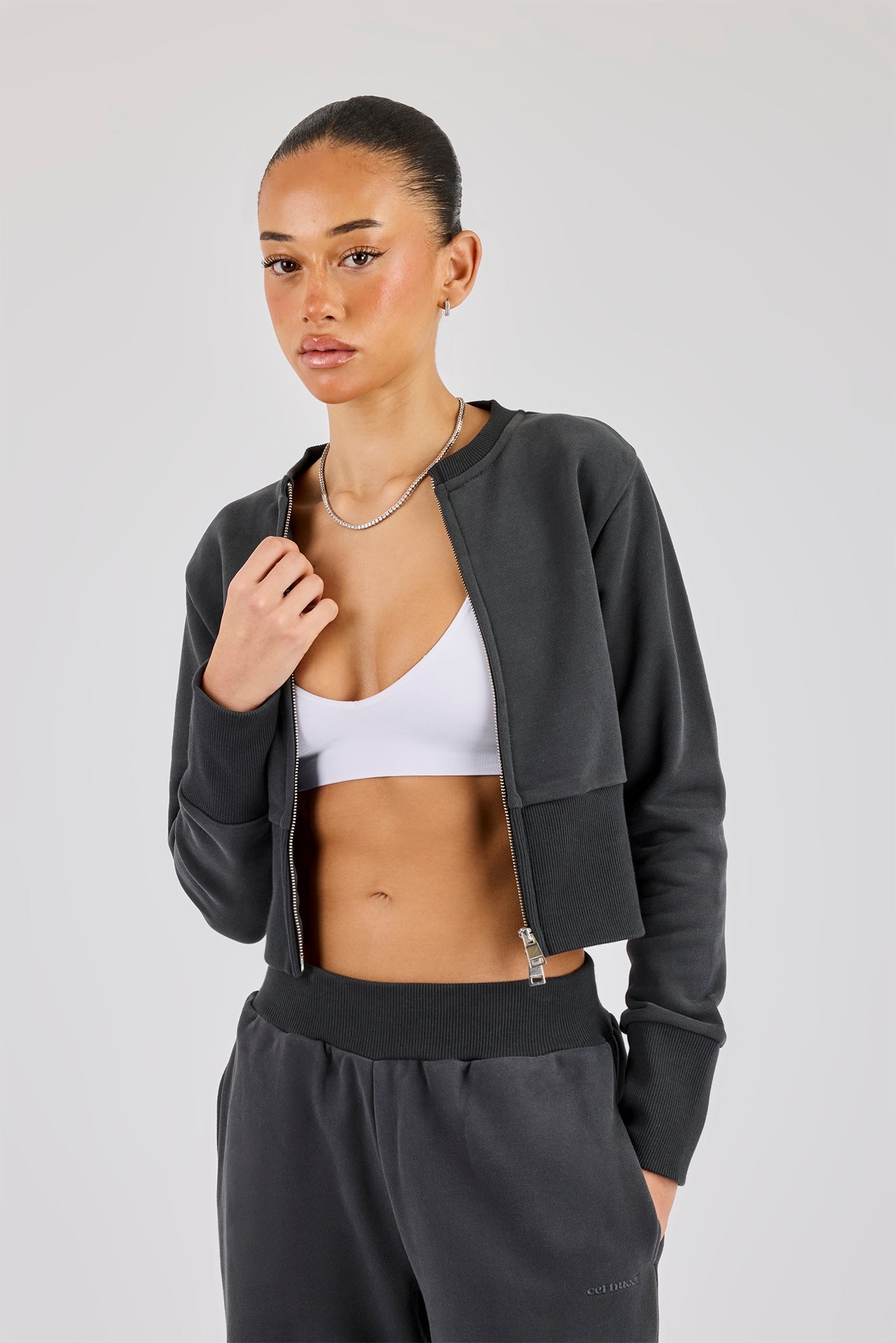 Fitted Rib Zip Through Sweat - Charcoal