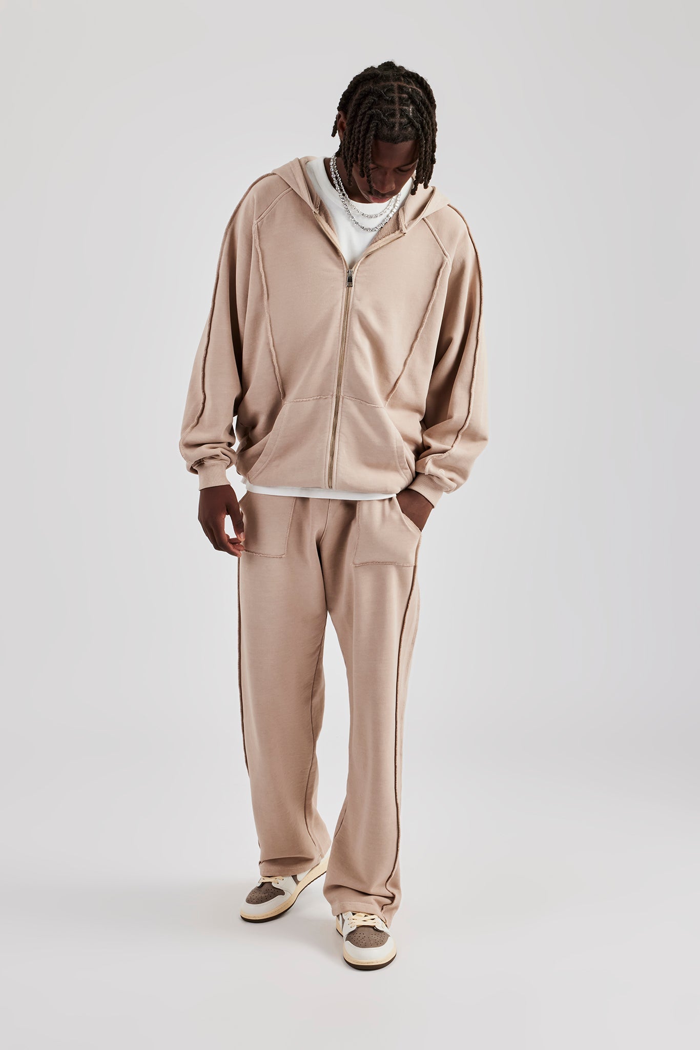 Acid Exposed Seam Zip Through Hoodie - Stone | Mens Hoodies