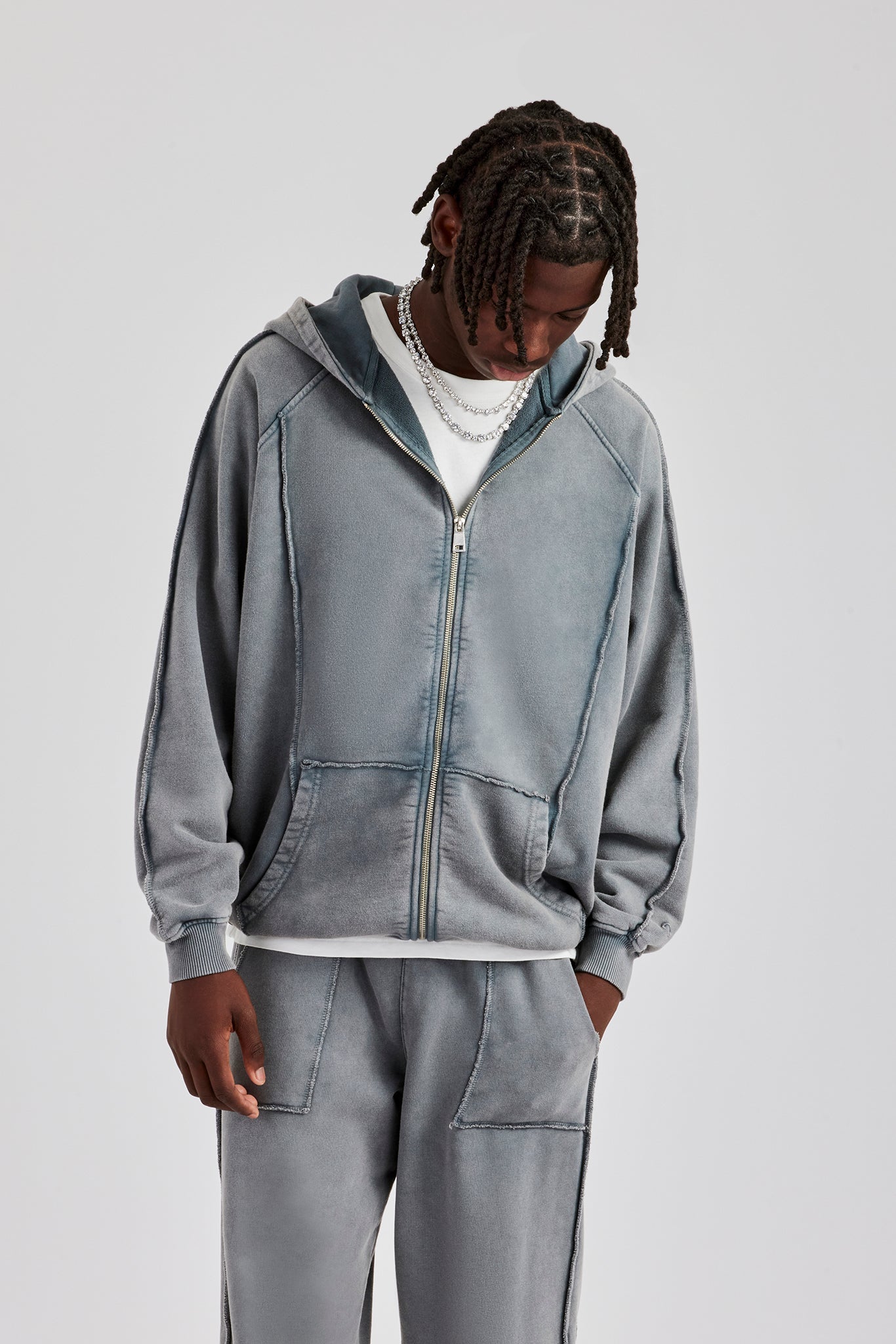 Acid Exposed Seam Zip Through Hoodie - Charcoal | Mens Hoodies