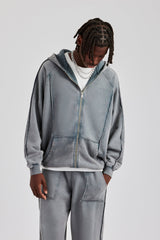 Acid Exposed Seam Zip Through Hoodie - Charcoal