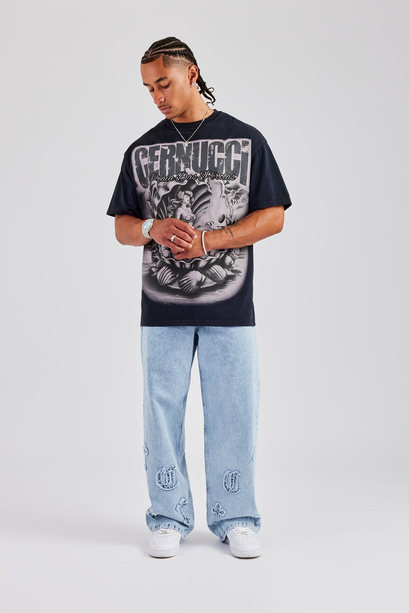 Acid Wash Praia Das Perolas Oversized T-Shirt - Charcoal