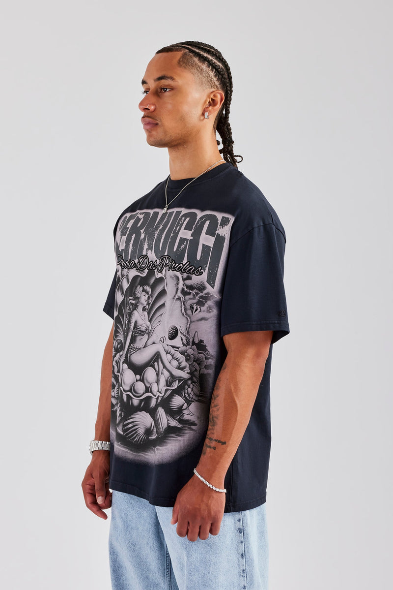 Acid Wash Praia Das Perolas Oversized T-Shirt - Charcoal