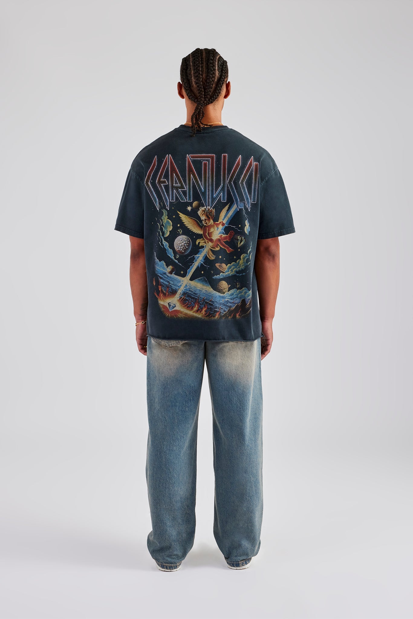 Acid Wash Space Cherub Oversized T-Shirt - Charcoal | Mens Tees