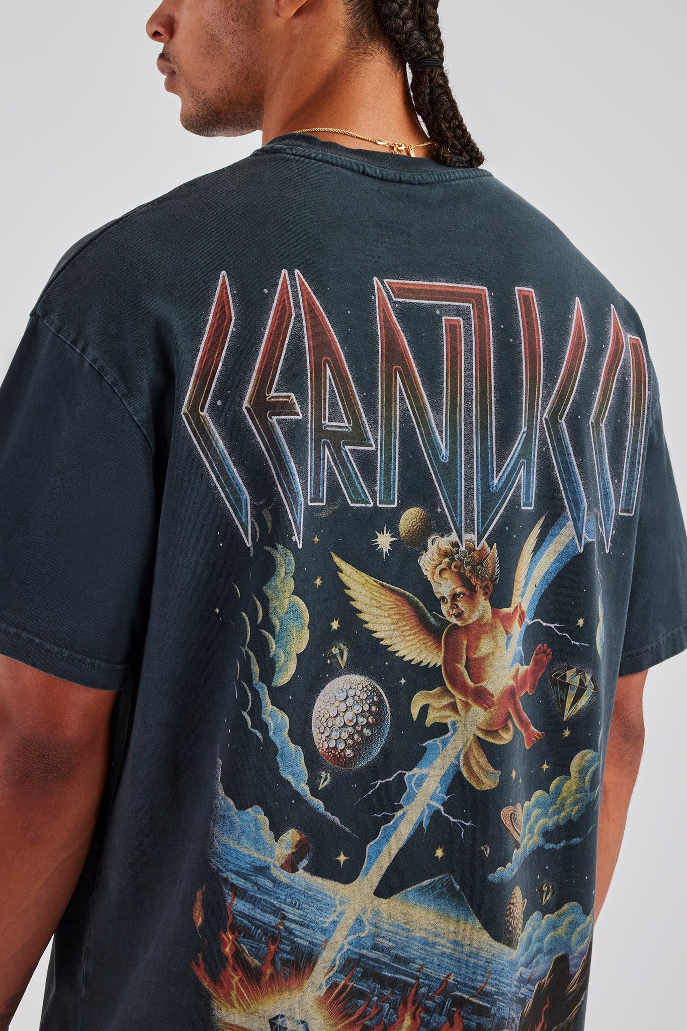 Acid Wash Space Cherub Oversized T-Shirt - Charcoal | Mens Tees