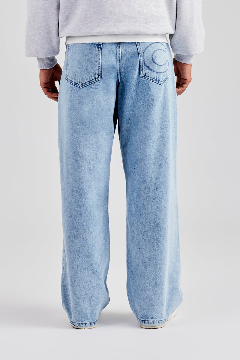 Raw Edge Applique Carpenter Denim Jeans - Light Blue