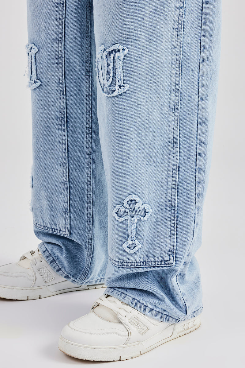 Raw Edge Applique Carpenter Denim Jeans - Light Blue