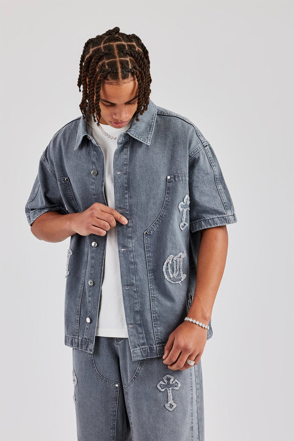 Raw Edge Applique Carpenter Denim Shirt - Washed Grey