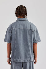 Raw Edge Applique Carpenter Denim Shirt - Washed Grey