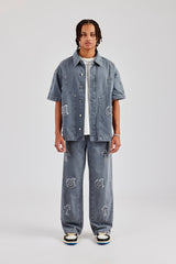 Raw Edge Applique Carpenter Denim Shirt & Jeans - Washed Grey