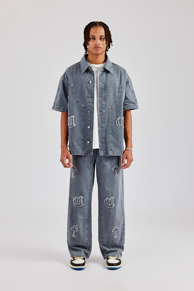 Raw Edge Applique Carpenter Denim Shirt - Washed Grey