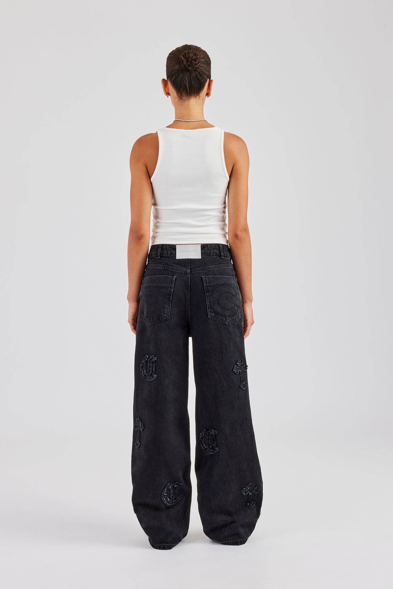 Ladies Raw Edge Applique Cross Baggy Jean - Washed Black | Womens