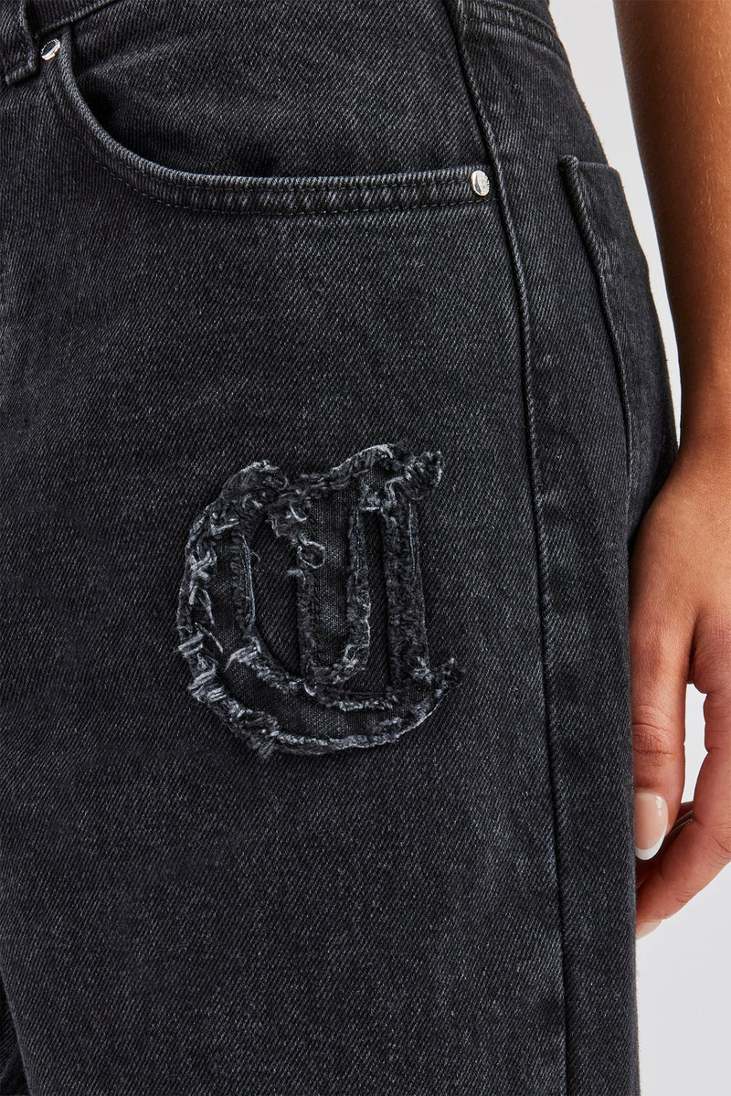 Ladies Raw Edge Applique Cross Baggy Jean - Washed Black