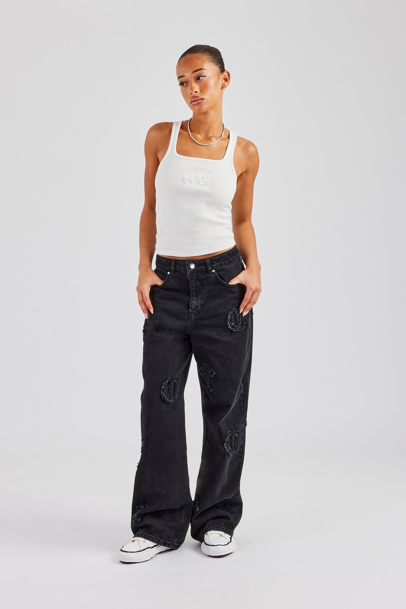 Ladies Raw Edge Applique Cross Baggy Jean - Washed Black | Womens