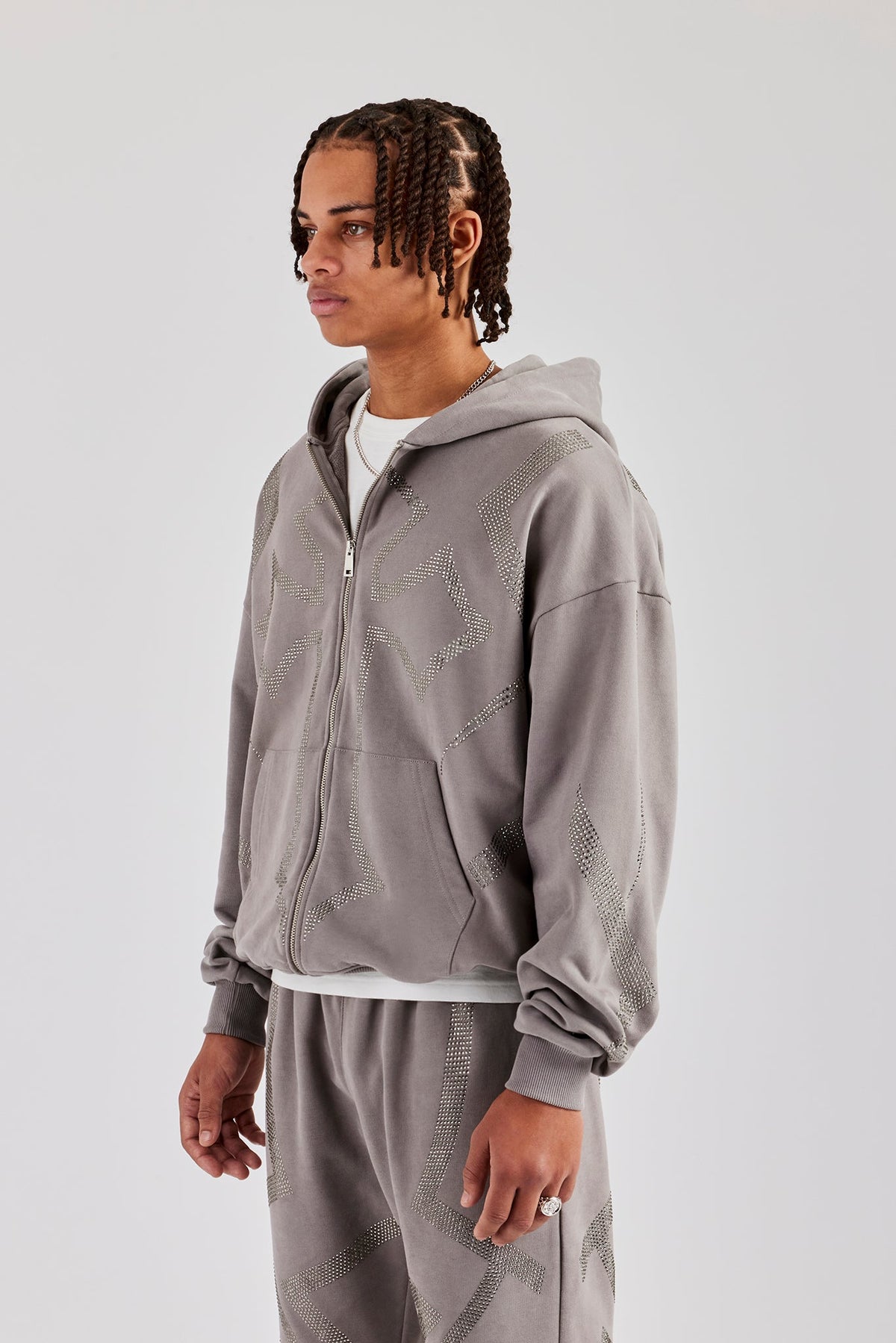 Rhinestone Cross Zip Through Hoodie - Charcoal | Mens Hoodies 