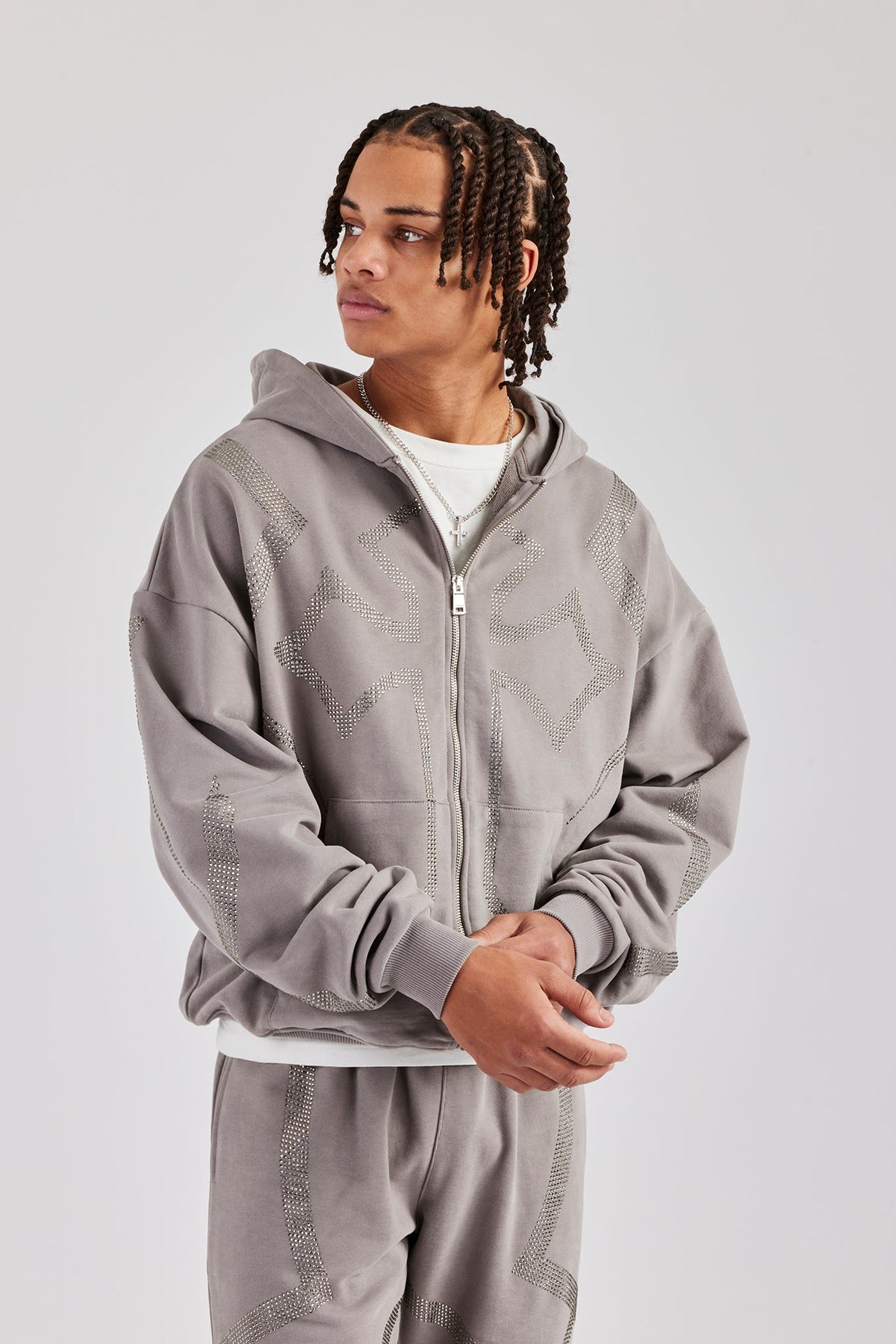 Rhinestone Cross Zip Through Hoodie - Charcoal | Mens Hoodies 