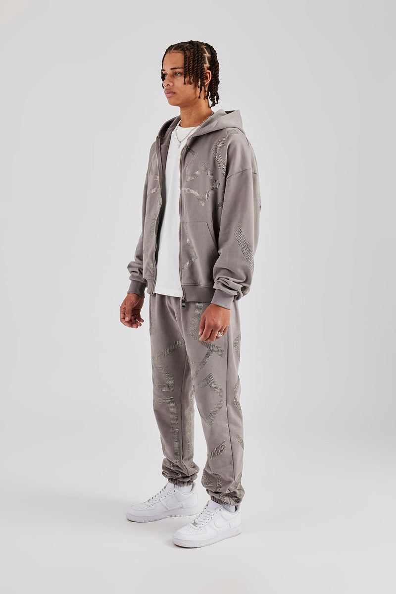 Rhinestone Cross Zip Through Tracksuit - Charcoal