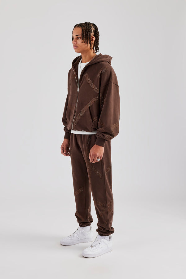 Rhinestone Cross Zip Through Tracksuit - Brown