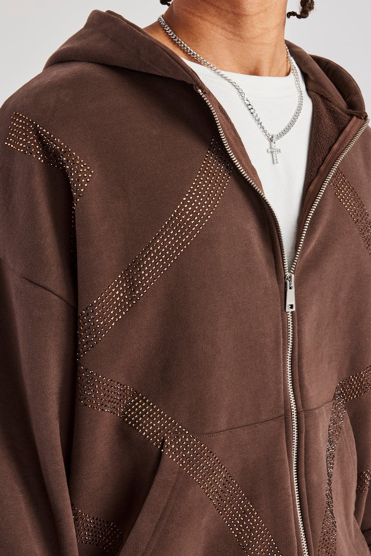 Rhinestone Diamond Zip Through Hoodie - Chocolate | Mens Hoodies 