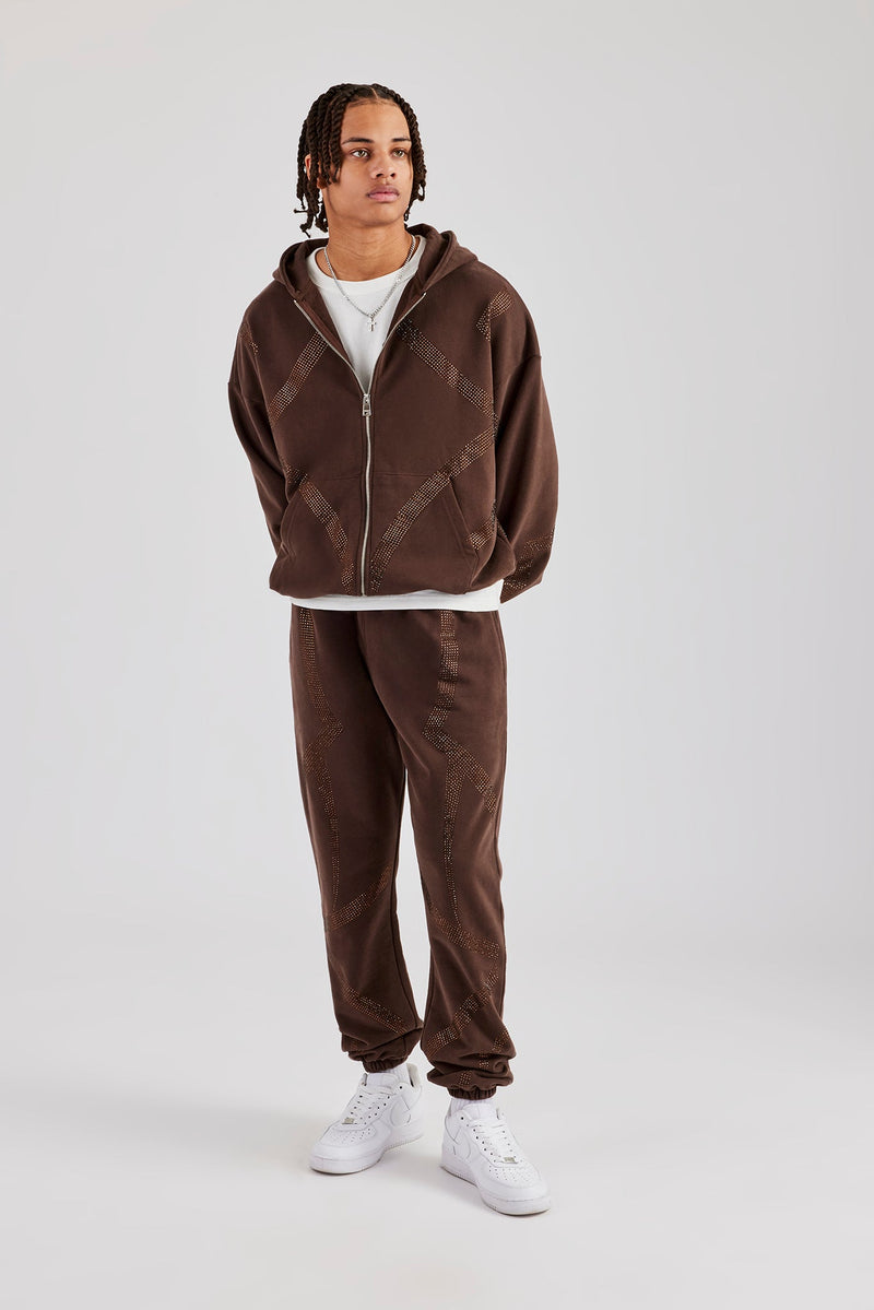 Rhinestone Cross Zip Through Tracksuit - Brown