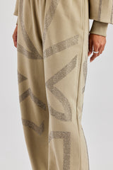 Rhinestone Cross Wide Leg Jogger - Khaki