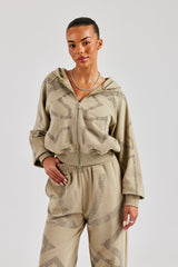 Rhinestone Cross Boxy Zip Hoodie - Khaki