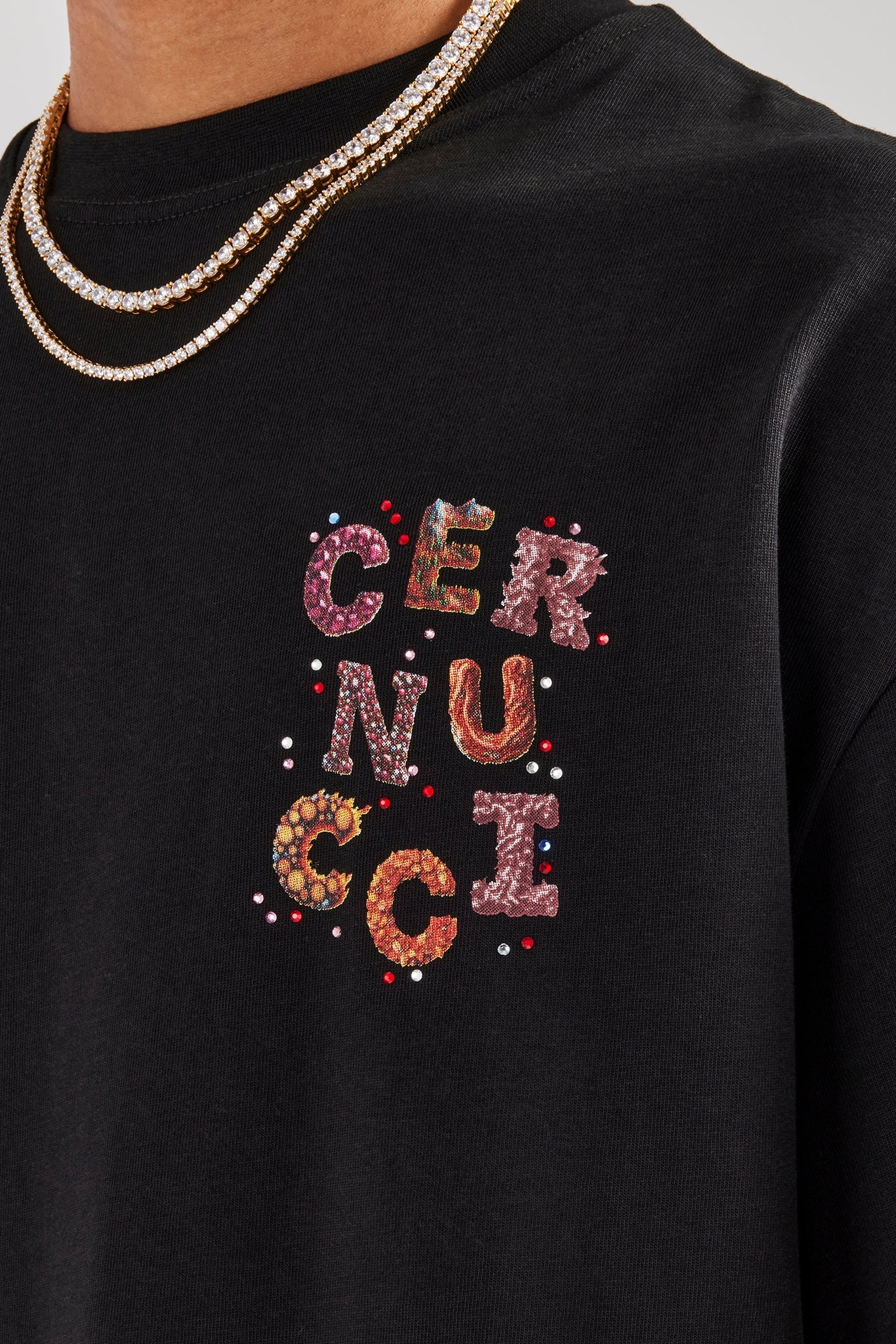 Cernucci Orange Letter Rhinestone Oversized T-Shirt - Black | Mens