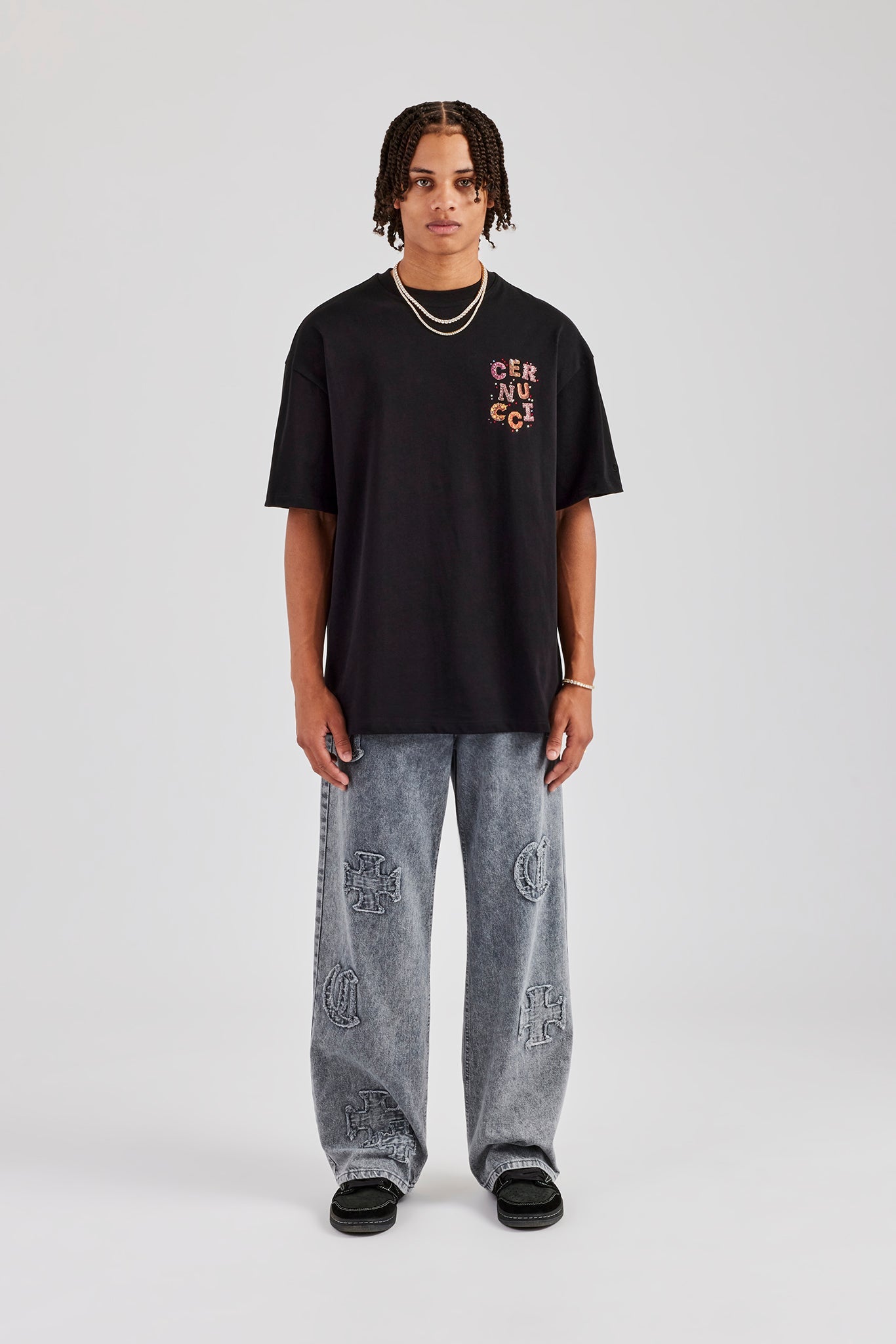 Cernucci Orange Letter Rhinestone Oversized T-Shirt - Black | Mens