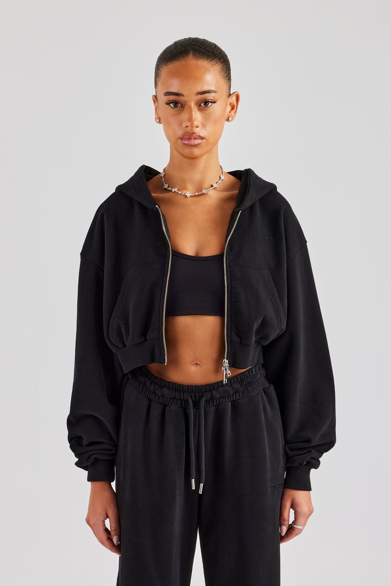 Cernucci Cropped Zip Through Hoodie - Black | Womens Hoodies