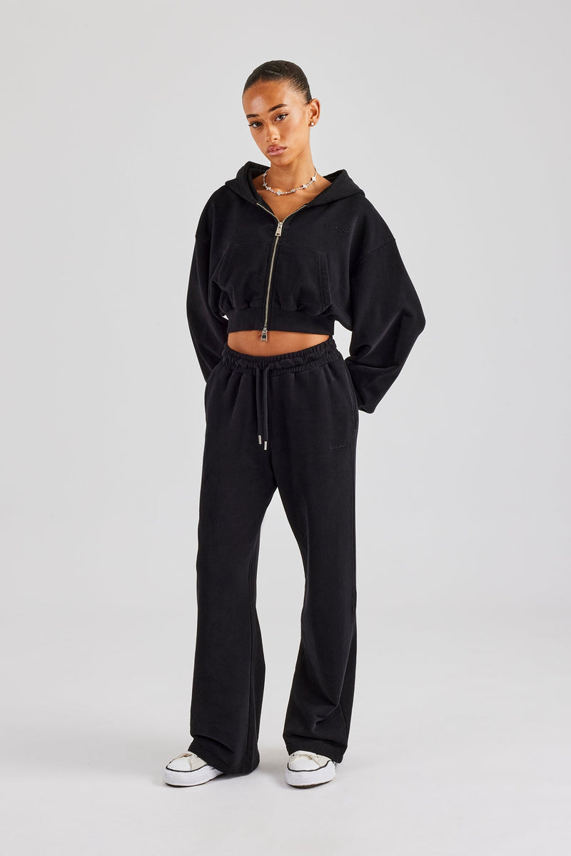 Cernucci Cropped Zip Through Hoodie & Wide Leg Jogger - Black