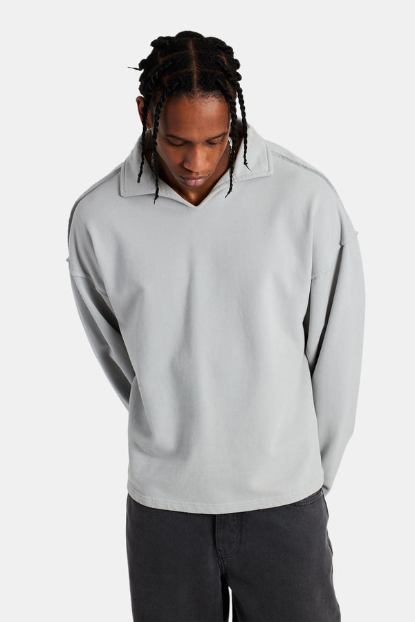 Long Sleeve Exposed Seam Collared Sweatshirt - Washed Grey