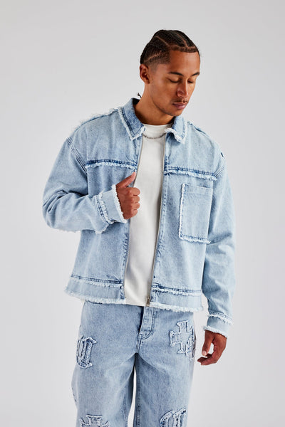 Raw Edge Denim Jacket Iced Blue Mens Denim Shop Denim Shorts