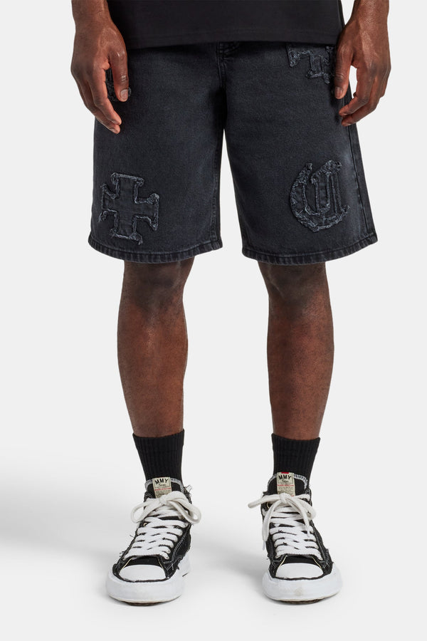 Raw Edge Applique Denim Bermuda Short - Black