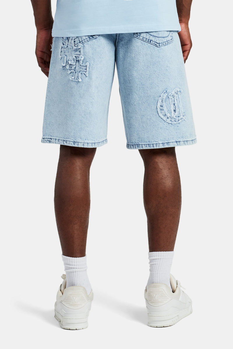 Raw Edge Applique Denim Bermuda Short - Light Blue