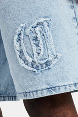 Raw Edge Applique Denim Bermuda Short - Light Blue