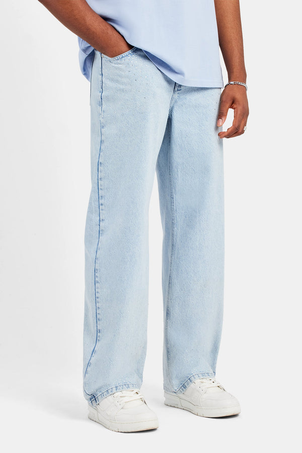 Baggy Fit Rhinestone Jeans - Ice Blue