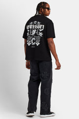 Baggy Raw Edge Applique Jeans - Washed Black
