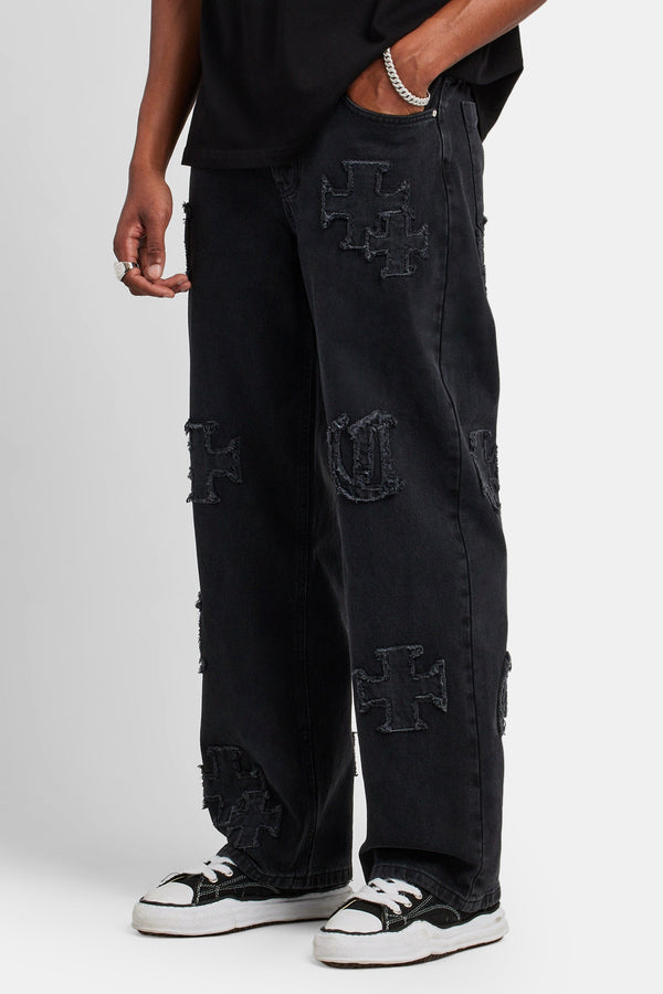 Baggy Raw Edge Applique Jeans - Washed Black