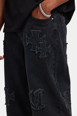 Baggy Raw Edge Applique Jeans - Washed Black