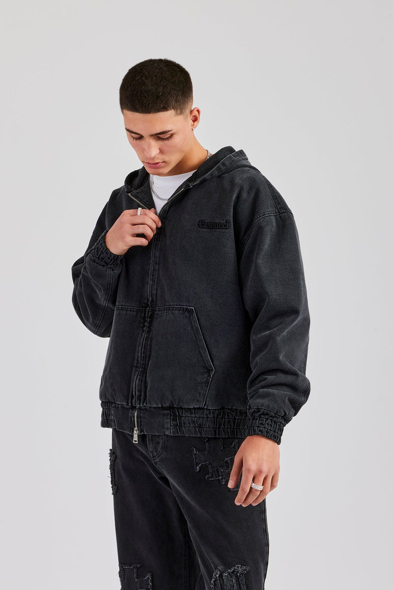 Denim Zip Through Jacket - Washed Black