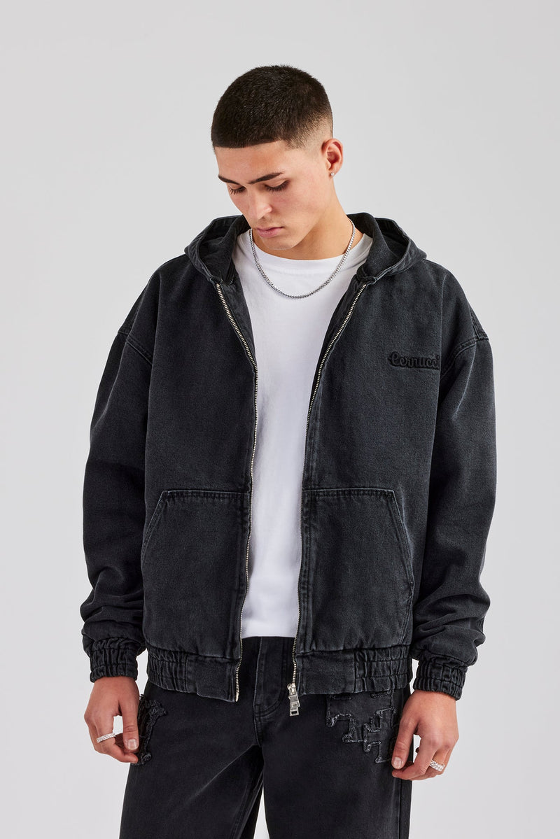 Denim Zip Through Jacket - Washed Black