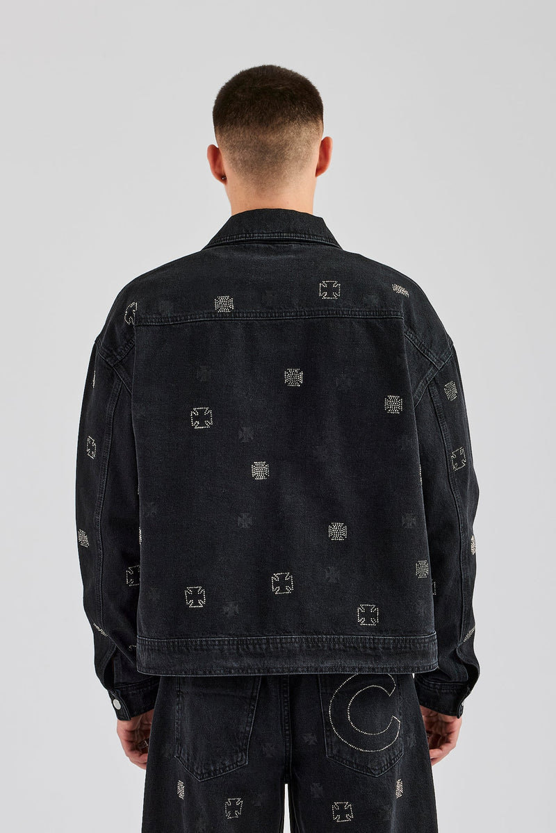 Oversized Embellished Denim Jacket - Washed Black