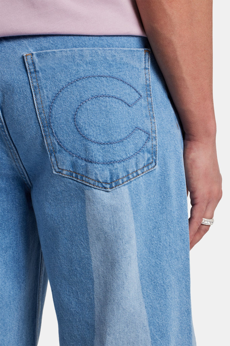 Baggy Panelled Jeans - Mid Blue