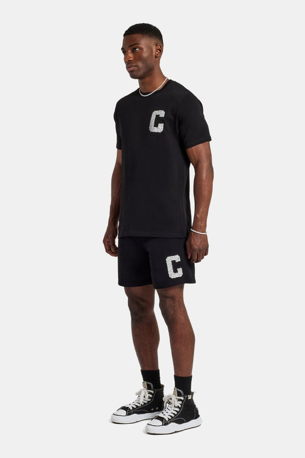 Embellished C T-Shirt & Short Set - Black